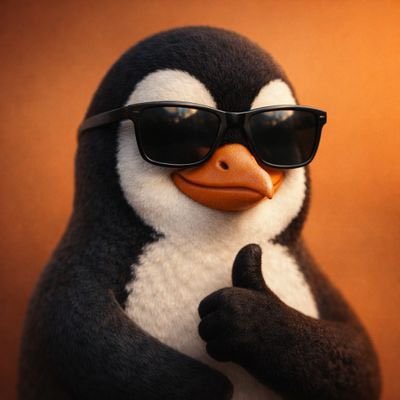 A CGI-rendered penguin character wears black sunglasses and gives a thumbs-up against a warm orange background.