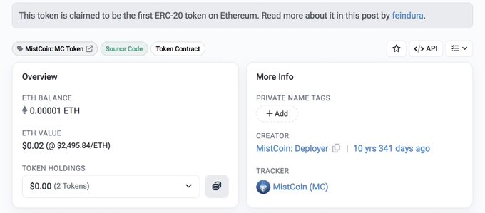 Etherscan page for 'MistCoin: MC Token' claiming to be the first ERC-20 token on Ethereum, showing an ETH balance of 0.00001 ETH and token holdings of $0.00 for 2 tokens.