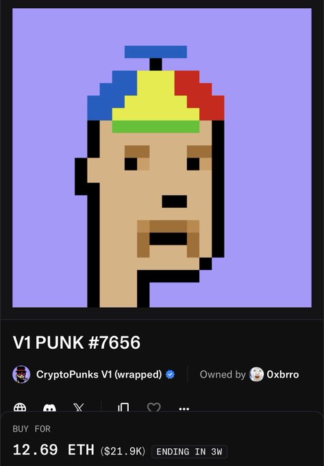 The image features a digital artwork of a person wearing a hat with various colors - red, blue, yellow, green, and pink. The background color used for this art piece is purple. It has been posted to eBay or another marketplace where the auction price for this unique item is $12.69. There are also mentions about the artwork being owned byOxbrro and it's ending in 3 months after selling.
