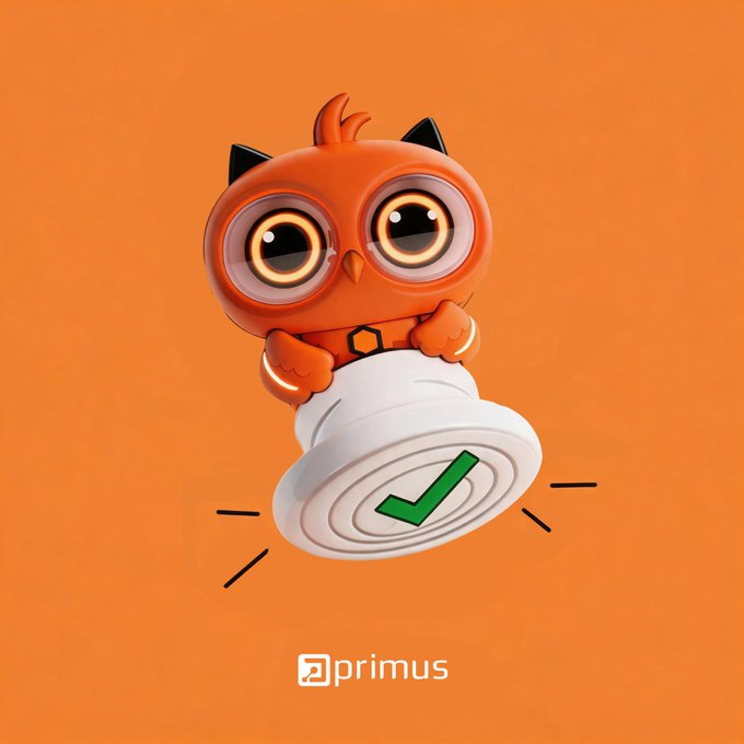 A 3D illustration of a cute orange owl character sitting on a white platform with a green checkmark, set against an orange background with the 'primus' logo below.