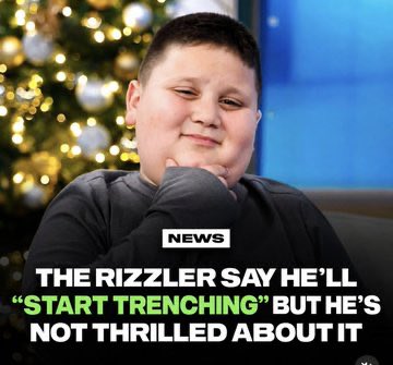 A young boy, identified by the headline as "The Rizzler," smiles while resting his chin on his hand in front of a Christmas tree, with "NEWS" branded text below stating "THE RIZZLER SAY HE'LL 'START TRENCHING' BUT HE'S NOT THRILLED ABOUT IT." The image doesn't visually connect to the "$sol" crypto post, though the term "trenching" in the caption playfully references crypto trading slang.