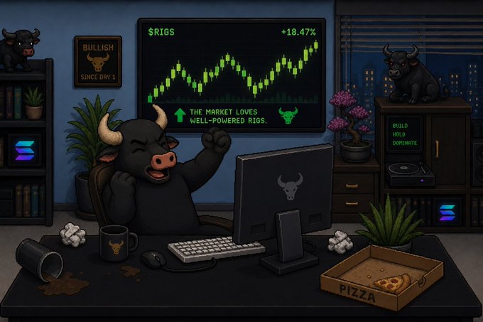 A pixel art scene of an anthropomorphic bull celebrating in a home office, with a monitor displaying a stock chart labeled '$RIGS +18.47%' and text reading 'THE MARKET LOVES WELL-POWERED RIGS' alongside a 'PIZZA' box on the desk.