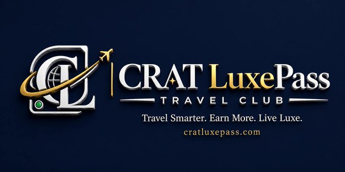 The image is a promotional graphic for "CRAT LuxePass Travel Club" featuring its logo with an airplane and globe emblem against a dark blue background, along with the tagline "Travel Smarter. Earn More. Live Luxe." and website "cratluxepass.com." The graphic visually reinforces the post's announcement of the club's upcoming launch at Crypto Valley in Zug, Switzerland, positioning it as a luxury travel platform connecting high-net-worth individuals and blockchain leaders.