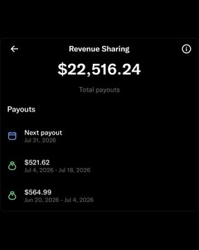 A Revenue Sharing screen displaying total payouts of $22,516.24, with the next payout scheduled for Jul 31, 2026, along with recent payouts of $521.62 (Jul 4–Jul 18, 2026) and $564.99 (Jun 20–Jul 4, 2026). The image complements the post by showcasing tangible earnings from posting on the Solana-powered platform, reinforcing the creator's gratitude for monetizing their tweets.