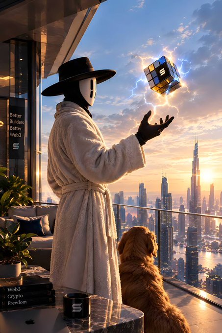 A masked figure wearing a wide-brimmed hat and a fluffy white robe stands on a high-rise balcony overlooking the Dubai skyline at sunset, conjuring a floating Rubik's cube with crackling energy above their gloved hand, while a golden dog watches nearby.