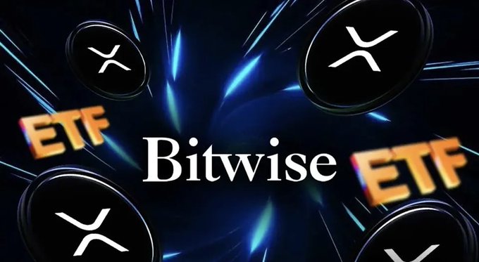 A graphic displays the word "Bitwise" alongside "ETF" text and XRP cryptocurrency logos against a dark blue background with light streaks.