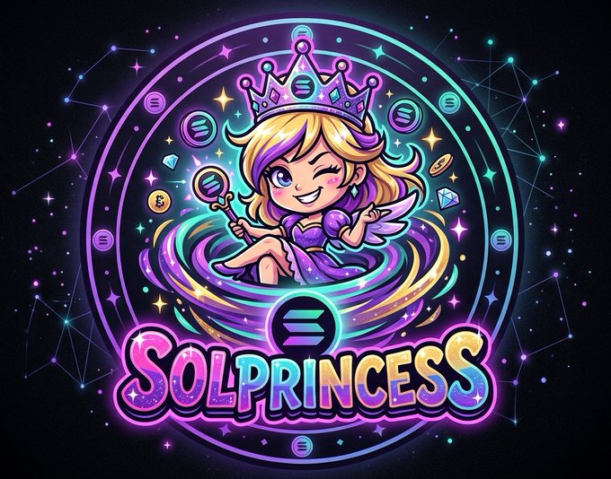 Colorful digital illustration for 'SOL PRINCESS' featuring a cartoon character with blonde hair, a crown, and angel wings surrounded by Solana (SOL) cryptocurrency logos and cosmic purple/pink space-themed elements.