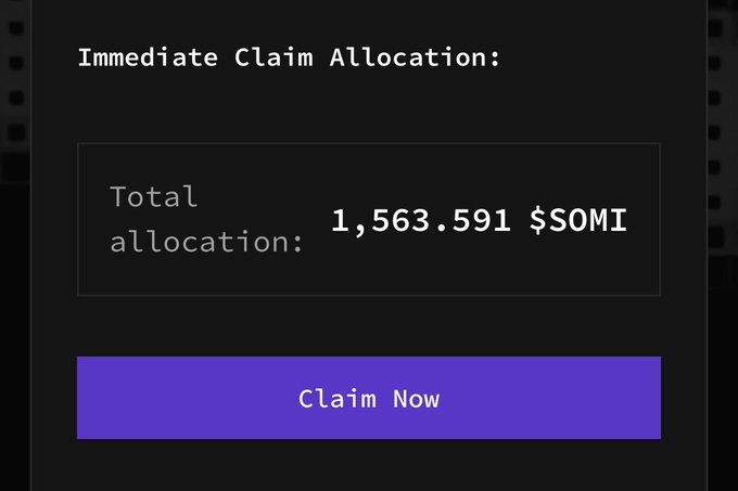A dark screen showing 'Immediate Claim Allocation' with a 'Total allocation' of '1,563.591 $SOMI' and a purple 'Claim Now' button.