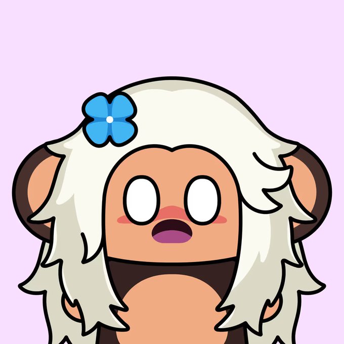 A digital illustration features a cartoon character with white hair, a blue flower accessory, dark ears, and an open-mouthed surprised expression against a light purple background.