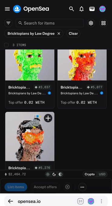 OpenSea NFT marketplace screenshot showing three Bricktopias items by Law Degree, each with a top offer of 0.02 WETH and a total floor value of $2,464.72.
