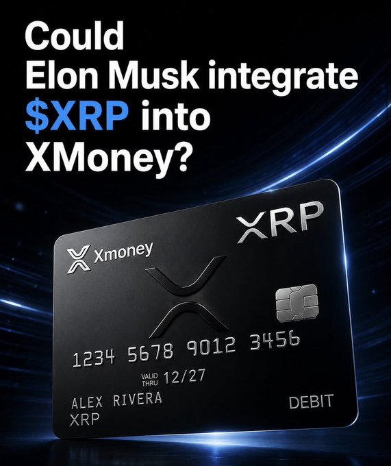 The image features an advertisement for Bitcoin that includes a black credit card with the text "XRP" written on it, suggesting that XRP could potentially integrate into Bitcoin's payment ecosystem. The image also shows a blue background with white text asking "Could Elon Musk integrate XRP into XMoney?". This question is posed to provoke thought about the potential integration of XRP and Bitcoin in the future of digital currency.