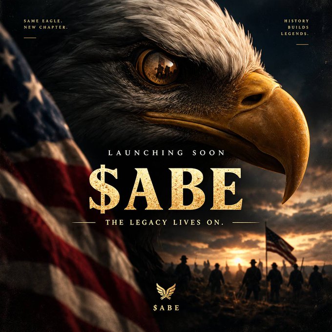 A promotional poster featuring an eagle with an American flag, displaying the text 'LAUNCHING SOON $ABE', 'SAME EAGLE. NEW CHAPTER.', 'HISTORY BUILDS LEGENDS.', and 'THE LEGACY LIVES ON.'
