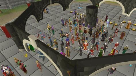 A large crowd of diverse player characters gathered inside a stone room in the game Old School RuneScape.