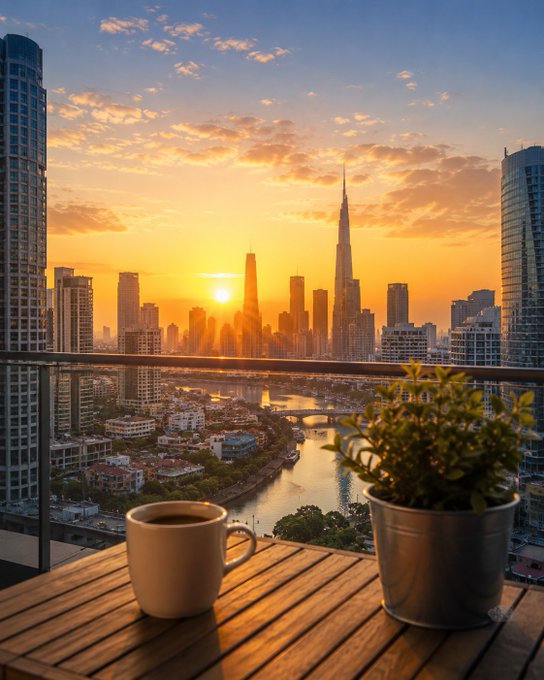 A steaming cup of coffee sits on a wooden balcony table beside a potted plant, with a breathtaking sunrise illuminating the Dubai skyline—featuring the iconic Burj Khalifa and a winding waterway below. The image perfectly complements the post's uplifting message, capturing the serene, energizing start to a new workday as the city awakens in golden morning light.