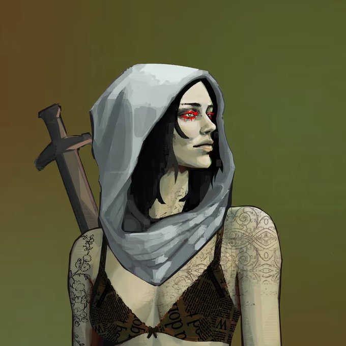 Digital artwork of a woman with red eyes and tattoos wearing a grey hood, holding a sword on her back, with 'WOOD' text visible on her top.