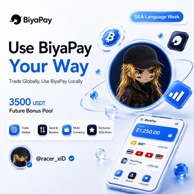 An advertisement for BiyaPay featuring an anime-style character, promoting 'Use BiyaPay Your Way,' a 3500 USDT Future Bonus Pool, and SEA Language Week, tagged with @racer_xlD.