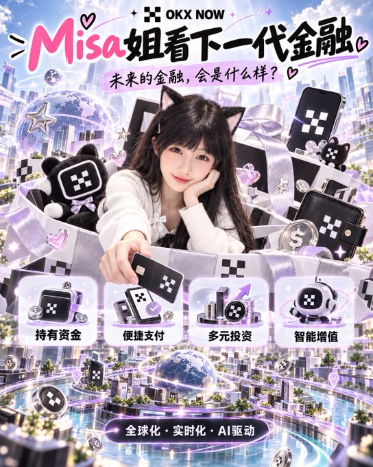 A promotional poster for "OKX NOW" featuring an anime-style girl with cat ears holding a phone, surrounded by digital graphics, gifts, and Chinese text "Misa姐看下—代金融" ("Sister Misa looks at the next generation of finance"). Icons at the bottom highlight features: "持有资金" (Hold funds), "便捷支付" (Convenient payment), "多元投资" (Diversified investment), and "智能增值" (Smart appreciation), with "全球化·实时化·AI驱动" (Globalization · Real-time · AI-driven) at the bottom.