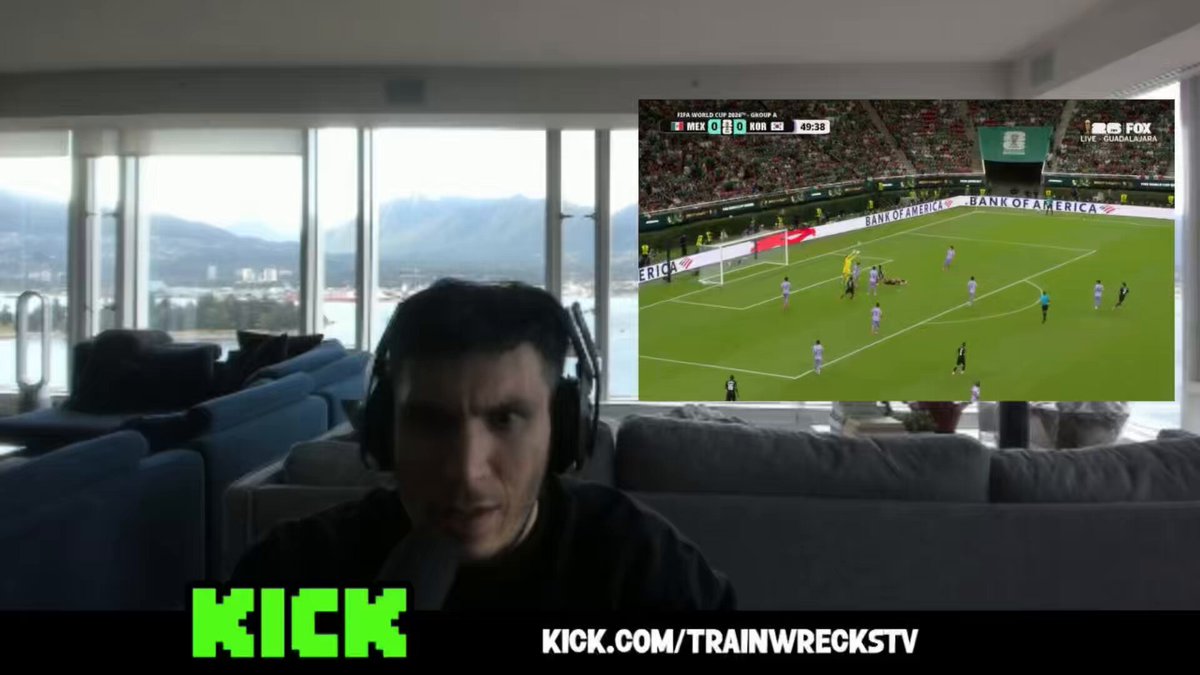 The image shows a man wearing headphones sitting in front of a TV screen, with his face partially visible as he appears to be watching or playing a video game. The TV screen displays a soccer match between South Korea and Mexico, with the South Korean team making a crucial mistake that cost them the game. The post also mentions that someone is gambling on this event, which adds an element of excitement and unpredictability to the situation.