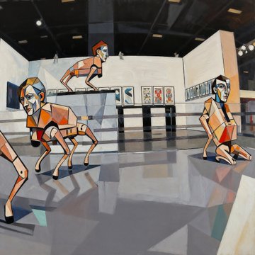 Cubist-style painting depicting angular figures in an art gallery setting with framed artworks on the walls and geometric shadows on the polished floor.