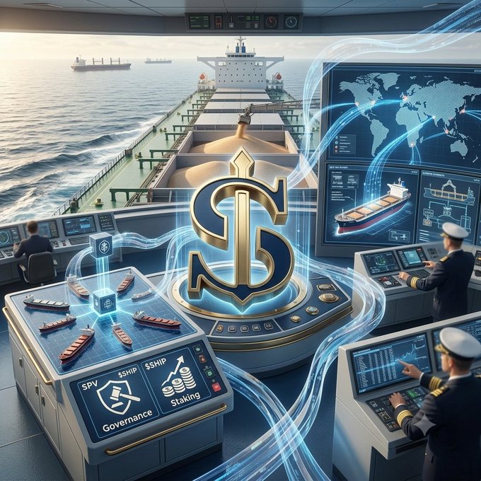 A futuristic maritime command center with a large golden cryptocurrency logo (resembling a stylized 'S') displayed prominently, featuring ship operators at control stations, digital ship models on holographic displays, and labels including 'Governance', 'Staking', and 'Shipping'.