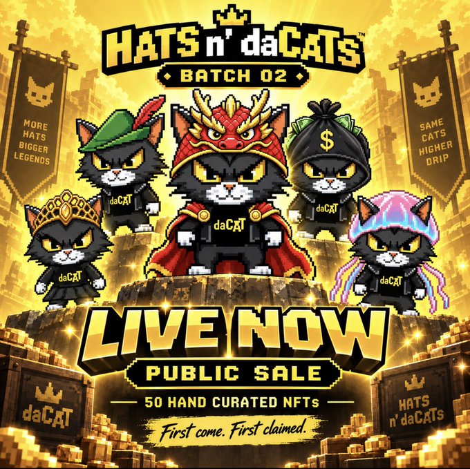 A promotional graphic for 'HATS n' daCATS BATCH 02' public sale, featuring pixel-art cats wearing various hats including a crown, money bag, and dragon mask.