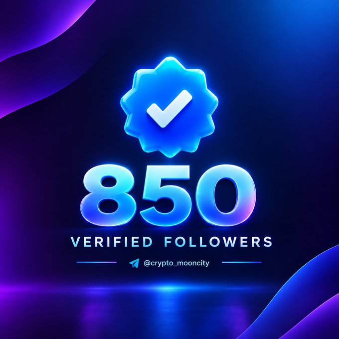 A digital graphic showing a blue verification badge with a checkmark, above the text '850 VERIFIED FOLLOWERS' and the handle '@crypto_mooncity'.