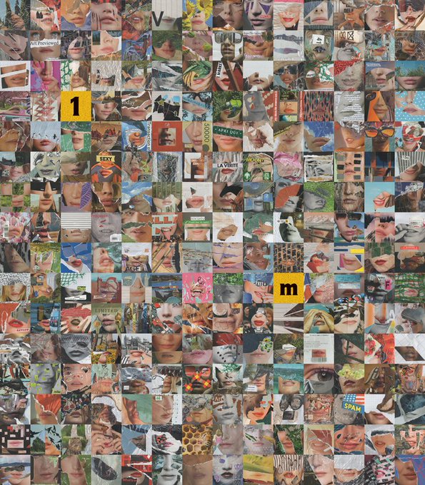 A dense mosaic collage composed of hundreds of small square image tiles, many featuring fragmented faces, lips, eyes, and portraits, interspersed with visible text elements like "1", "V", "m", "SEXY", "LA VIOLET", "APRI DEC", and "SPAM." The chaotic, overwhelming composition of mixed media snippets visually reflects the post's theme of artistic vulnerability and the scattered disappointment of a slow NFT drop on Rarible, where hyped supporters failed to materialize.