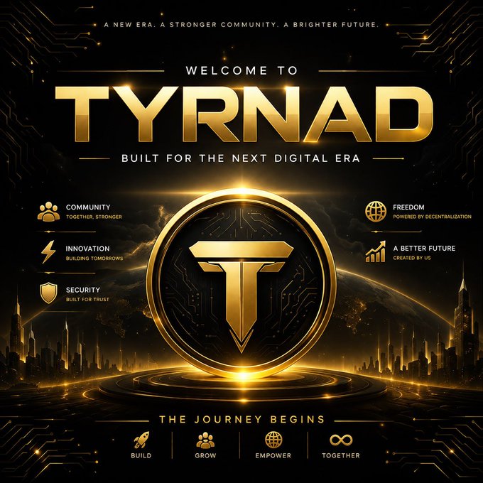 A futuristic gold-and-black promotional graphic for the TYRNAD crypto project, featuring its stylized "T" logo at the center surrounded by pillars labeled Community, Innovation, Security, Freedom, and "A Better Future," with the tagline "Welcome to TYRNAD — Built for the Next Digital Era" and the hashtags #TYRNAD #Web3 #memeccoin #defi #solana emphasizing the project's community-driven launch.