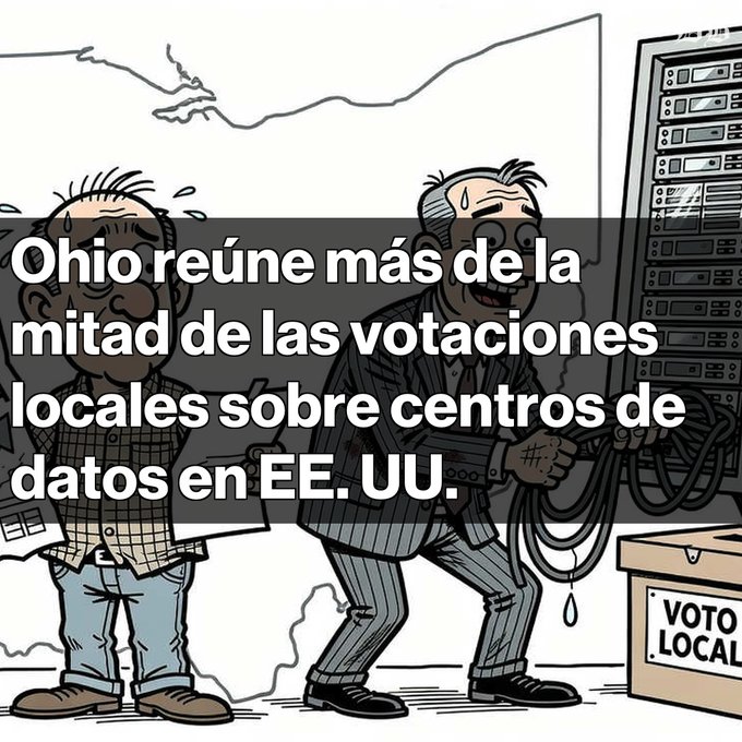 A cartoon illustration of two men in a server room with Spanish text overlay stating 'Ohio reúne más de la mitad de las votaciones locales sobre centros de datos en EE. UU.'