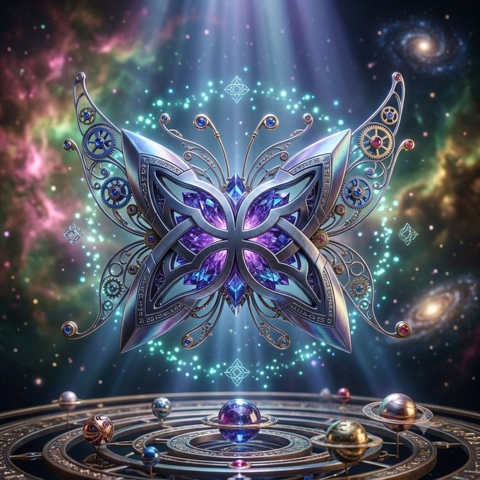 A digital artwork featuring an ornate, butterfly-shaped metallic artifact with purple and blue gemstones, set against a cosmic nebula background with planets and starry lights.