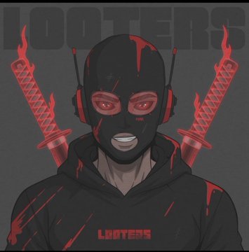 A dark stylized illustration of a masked character wearing red headphones with 'LOOTERS' branding, flanked by two glowing red katanas and the word 'LOOTERS' above.