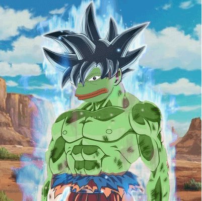 An anime-style muscular green character with spiky black hair, resembling Goku, stands in a desert canyon with a blue energy aura.