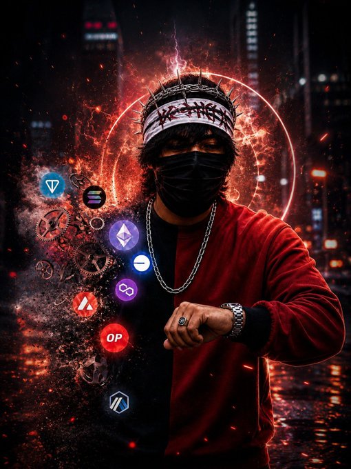 A masked, hooded figure stands against a fiery cityscape with a crown of thorns, surrounded by various crypto logos (including OP and Ethereum) and gear motifs, conveying a bold "Good morning CT" message that greets crypto Twitter with rebellious energy.