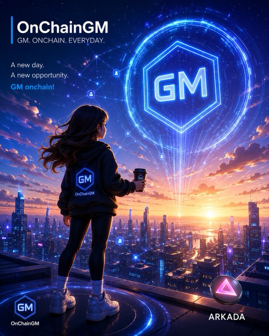 A digital illustration of a hooded figure wearing an 'OnChainGM' hoodie, holding a coffee cup while looking at a glowing neon 'GM' hexagon over a futuristic city skyline at sunset, branded 'ARKADA'.