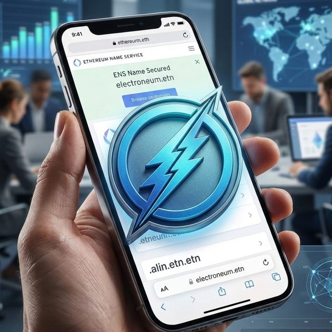 A hand holds a smartphone displaying the Ethereum Name Service interface with the website "ethereum.eth," confirming the secured domain "electroneum.eth," alongside a blue stylized "E" lightning bolt logo overlaid on the screen. The futuristic background featuring digital charts, a world map, and people working ties directly into the post's emphasis on momentum building in the $ETN ecosystem and the rush to claim ENS names before mainstream adoption.