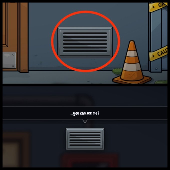A screenshot from a point-and-click game showing a red circle highlighting a wall vent with the dialogue '...you can see me?'