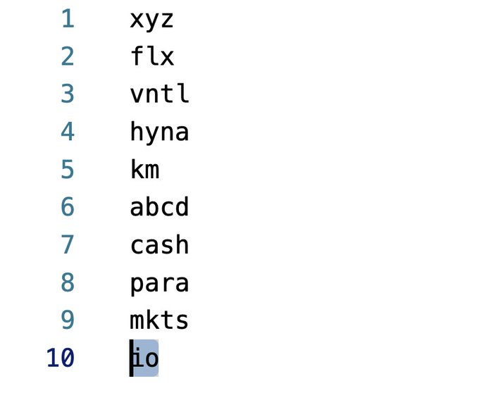 The image shows a numbered list (1-10) with short text strings next to each number, including "xyz," "flx," "vntl," "hyna," "km," "abcd," "cash," "para," "mkts," and "io" (highlighted). This appears to be a list of HIP-3 perpetual DEX codenames from Hyperliquid's API, with "io" (referenced in the post as the new competitor codename) highlighted to emphasize its significance among the existing list.