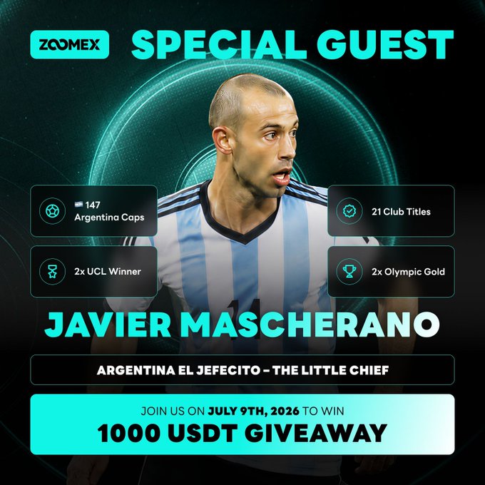 Promotional graphic for Zoomex featuring Javier Mascherano as a special guest, highlighting his achievements (147 Argentina Caps, 21 Club Titles, 2x UCL Winner, 2x Olympic Gold) and announcing a 1000 USDT giveaway for a July 9th, 2026 livestream event.