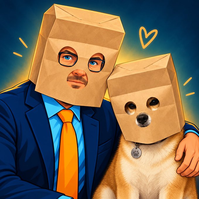 A digital illustration of a man in a blue suit and orange tie wearing a brown paper bag over his head with drawn-on eyes, standing next to a Shiba Inu dog also wearing a paper bag.