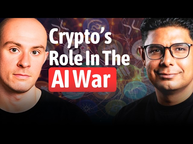 The image shows a YouTube-style thumbnail featuring two individuals with the bold text "Crypto's Role In The AI War" overlaid in the center. The left figure appears to be a bald man, while the right figure is a man with dark hair and glasses, set against a dark background with tech/cryptocurrency imagery. The thumbnail promotes the accompanying post about io.net CEO Gaurav discussing DePIN and GPU infrastructure's role in the AI race on the All-In Crypto Podcast.