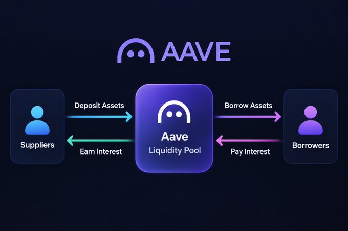 An infographic explaining Aave's liquidity pool system, showing how Suppliers deposit assets to earn interest and Borrowers take loans paying interest through the Aave Liquidity Pool.