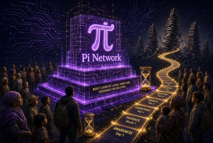 A digital artwork depicting the 'Pi Network' logo on a glowing purple pedestal, with a path labeled with values like 'AWARENESS', 'PATIENCE', and 'GROWTH' leading to distant towers.