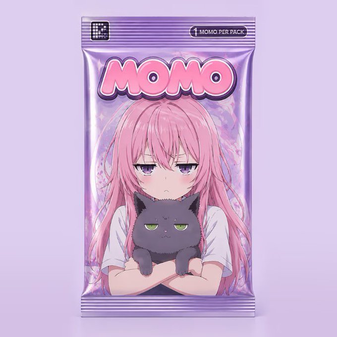 An anime-style illustration depicts a pink-haired girl holding a black cat inside a purple 'MOMO' branded package, with '1 MOMO PER PACK' displayed at the top.