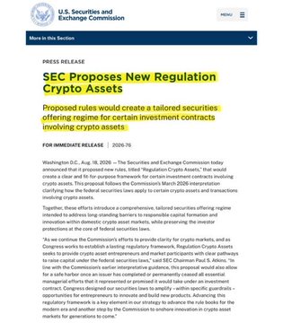 The image shows an official SEC press release dated Aug. 19, 2020 (Release No. 27026), headlined "SEC Proposes New Regulation Crypto Assets," announcing a tailored regulatory framework for certain investment contracts involving crypto assets under Regulation Crowdfunding and Rule 701, which aligns with the accompanying post noting the SEC's official rule proposal allowing crypto projects to raise up to $75 million annually without securities registration.