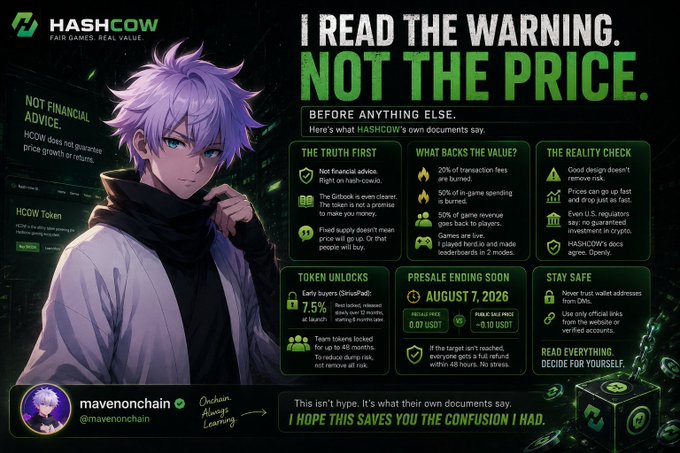 An anime-style infographic titled 'I READ THE WARNING, NOT THE PRICE' by HASHCOW, featuring a silver-haired anime character and details about HCOW Token including presale dates (August 7, 2026), token unlocks, and financial warnings.