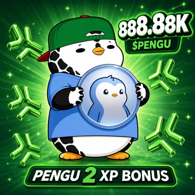 A cartoon penguin wearing a green cap and blue shirt holds a coin featuring another penguin, set against a green background with stars and the text '888.88K $PENGU' and 'PENGU 2 XP BONUS'.