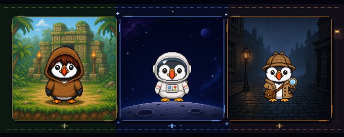 Three cartoon penguin characters in different themed settings: a jungle with ancient ruins, a space scene on the moon, and a foggy Victorian London street, each wearing outfits matching their environment.