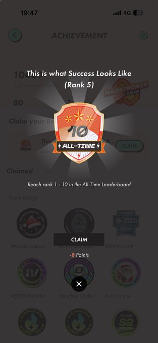 A STEPN achievement notification for "10. This is what Success Looks Like (Rank 5)" is displayed, marked as "ALL-TIME" and ready to claim for +8 points. This relates to the post celebrating @parabell_life's achievement of reaching a top 10 rank on the STEPN All-Time Leaderboard, noting the difficulty of getting 1st place without running.