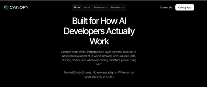 A website landing page for Canopy featuring the text 'Built for How AI Developers Actually Work' and describing it as 'the web3 infrastructure layer purpose-built for AI-assisted development' against a black background.