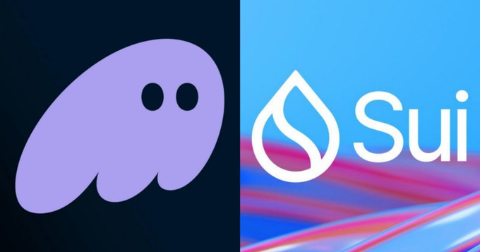 A side-by-side comparison shows the purple ghost logo of Phantom wallet next to the white water droplet emblem and "Sui" branding on a blue background, illustrating Phantom's announcement to discontinue support for the Sui Network.